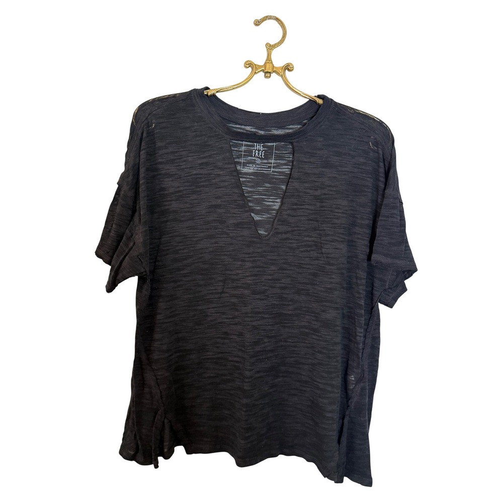 We The Free People Black Slub Knit Cutout V-Neck Short Sleeve Tee Shirt XS